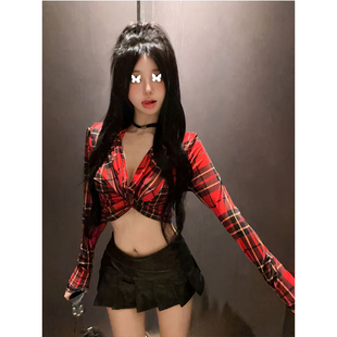 TYST红色格子长袖T恤套装女秋冬辣妹修身短款上衣百褶裙裤两件套