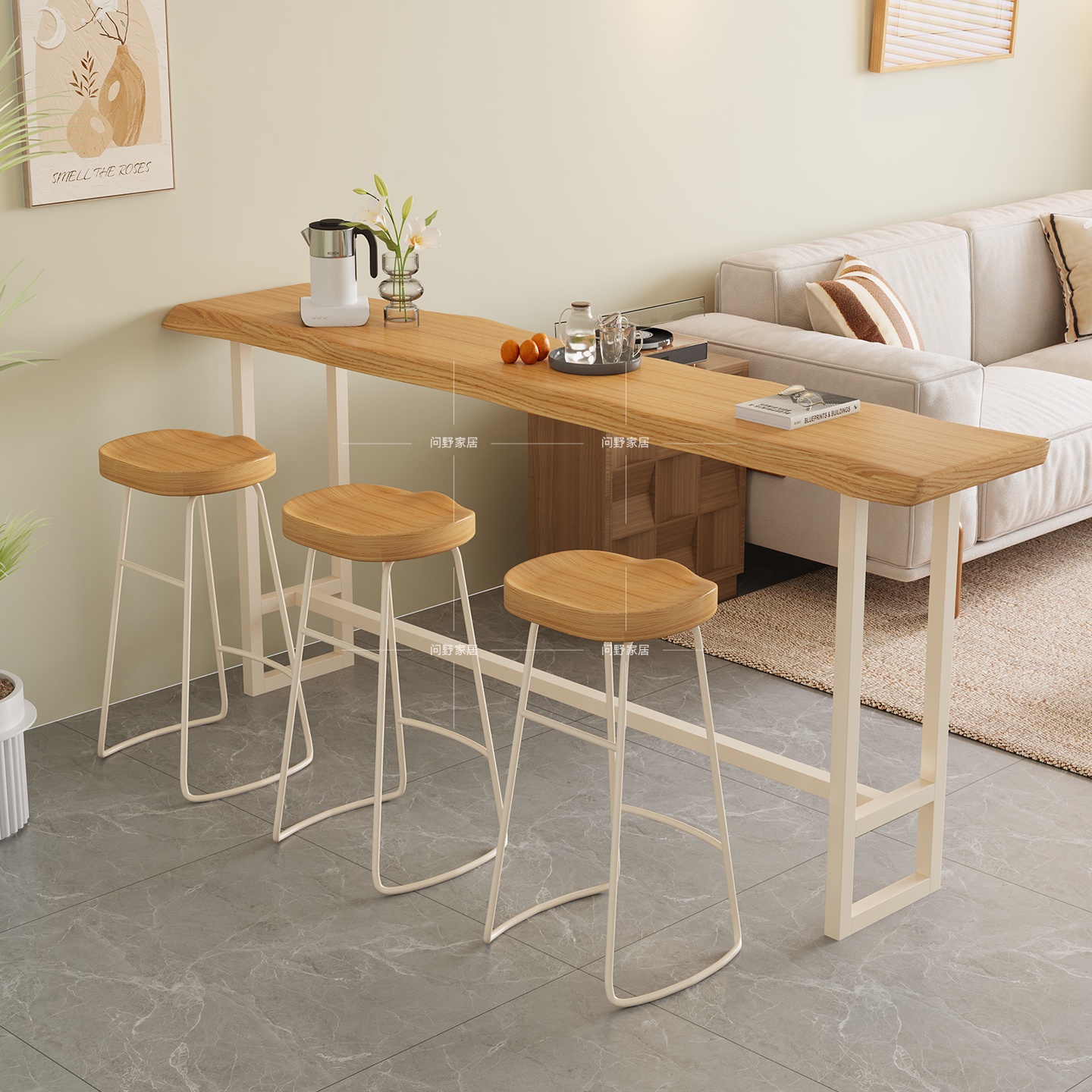 实木吧台桌椅组合高脚家用阳台靠墙长条桌奶油风休闲吧台酒吧桌椅