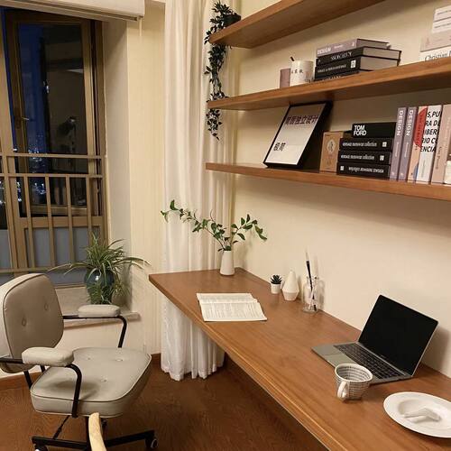 北欧纯实木壁挂一字板书架书桌客厅悬空桌墙上隔板置物架长条书桌 - 封面