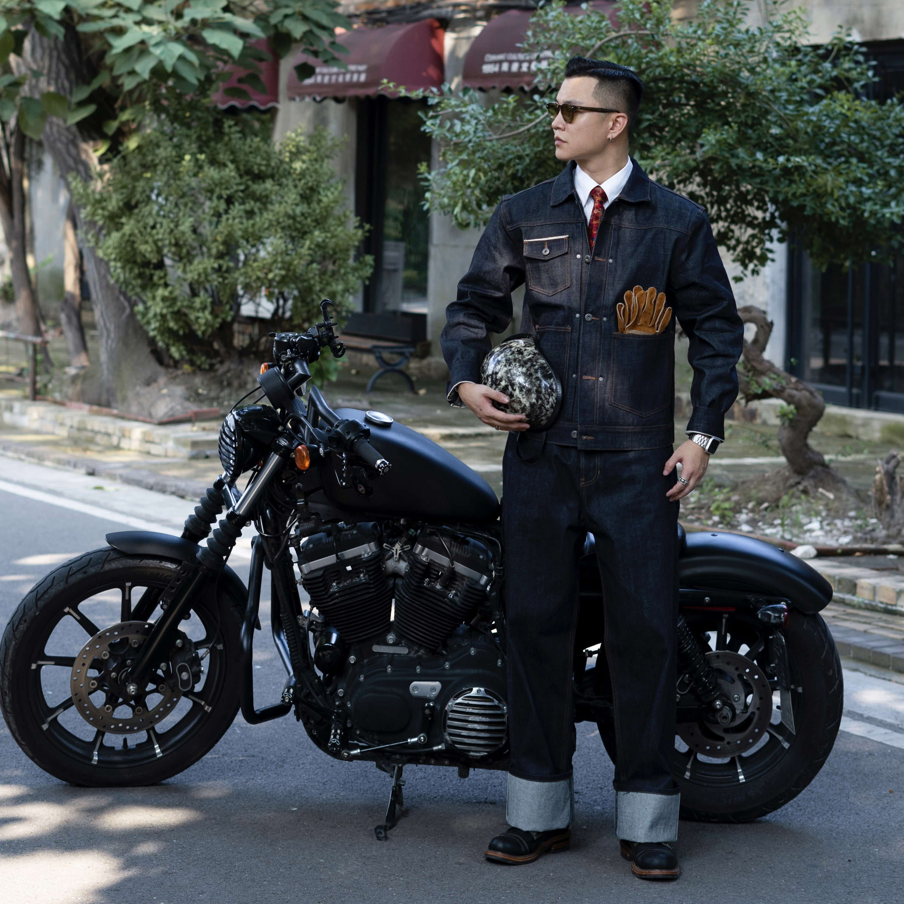 原牛赤耳单宁原浆外套红边布日系复古阿美咔叽工装牛仔夹克男