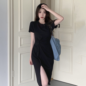 PS34160# 大码女装夏季短袖开叉立体扭结显瘦黑色针织裙胖MM裙子