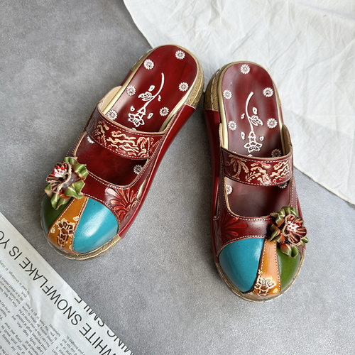 shoes跨境爆款2025夏新款牛皮凉拖鞋民族风花朵手工厚底女鞋