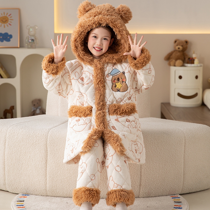 儿童睡衣女童冬季珊瑚绒三层夹棉加绒加厚睡袍女孩宝宝冬天家居服