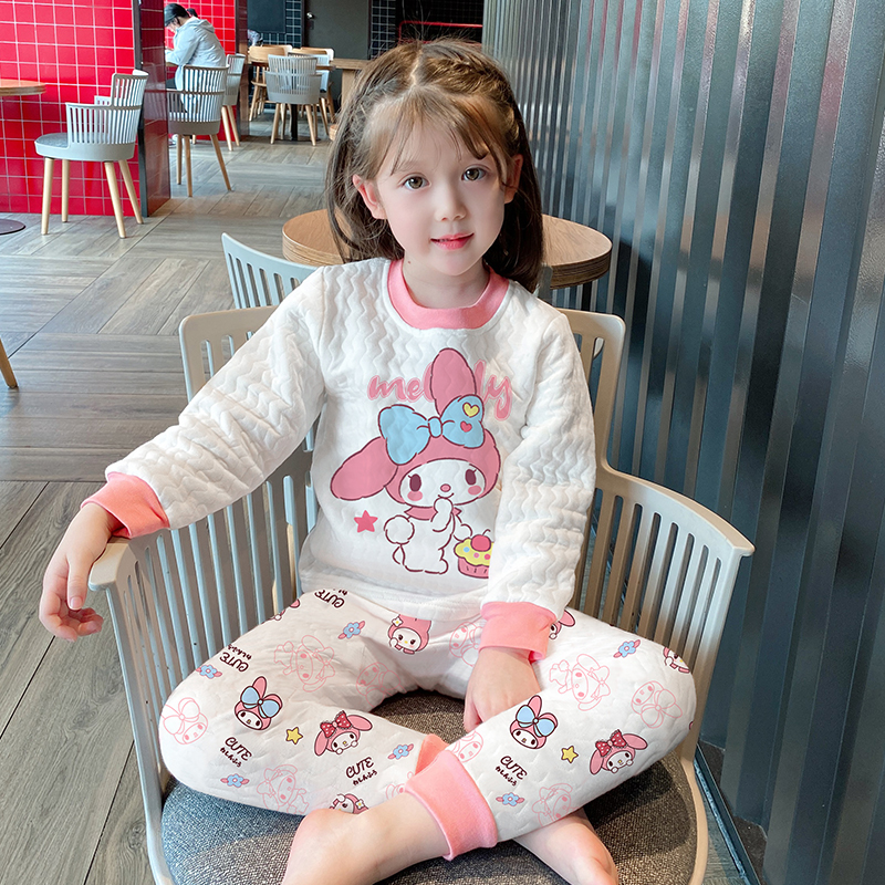 女童保暖内衣套装三层夹棉加厚宝宝秋衣秋裤男女童家居服睡衣秋冬