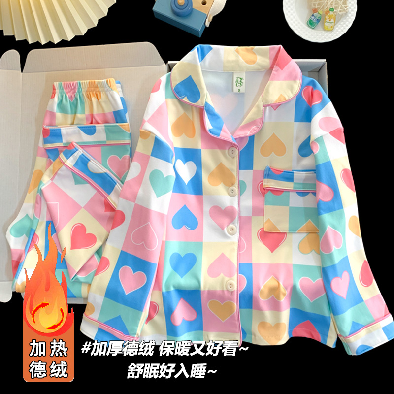女童睡衣秋冬季2025新款多巴胺儿童德绒长袖开衫小女孩大童家居服