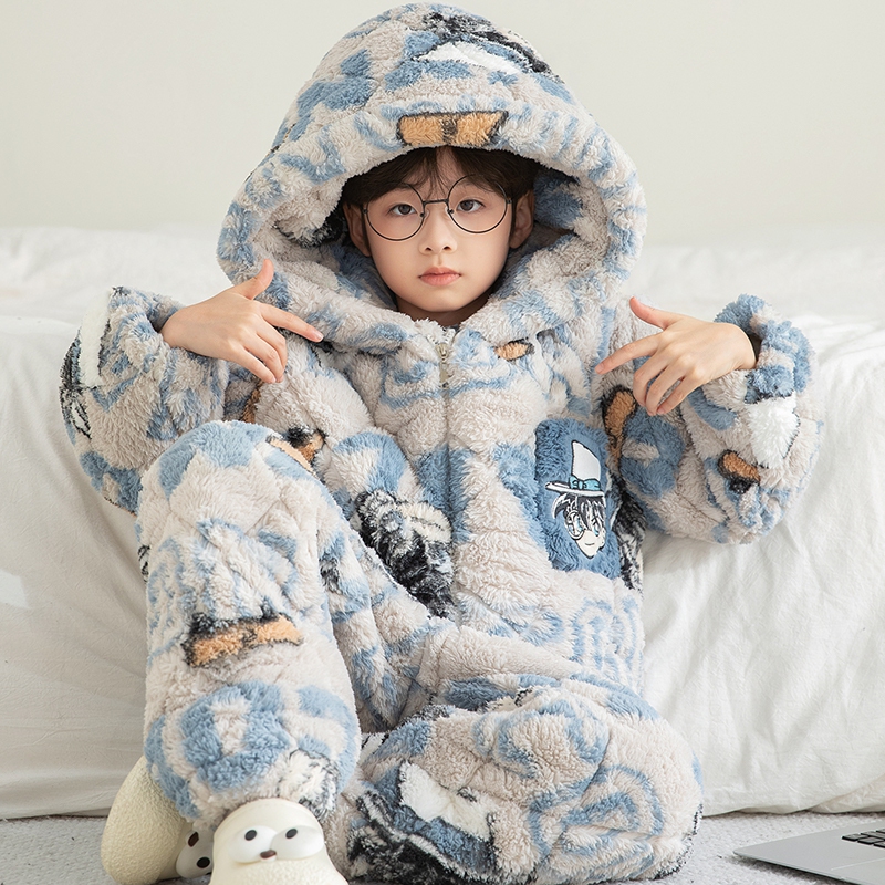 珊瑚绒儿童睡衣男童冬季款男孩三层夹棉加绒加厚法兰绒家居服套装