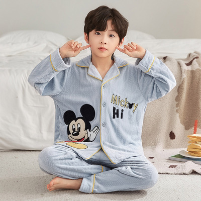 2025新款儿童海岛绒睡衣男童秋冬款法兰绒男孩厚款家居服套装