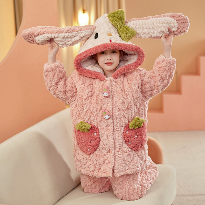 三层夹棉睡衣女秋冬季加绒加厚女童2025新款珊瑚绒儿童冬天家居服