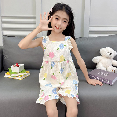 儿童睡衣女童夏季薄款纯棉小女孩短袖公主宝宝家居服空调套装夏款