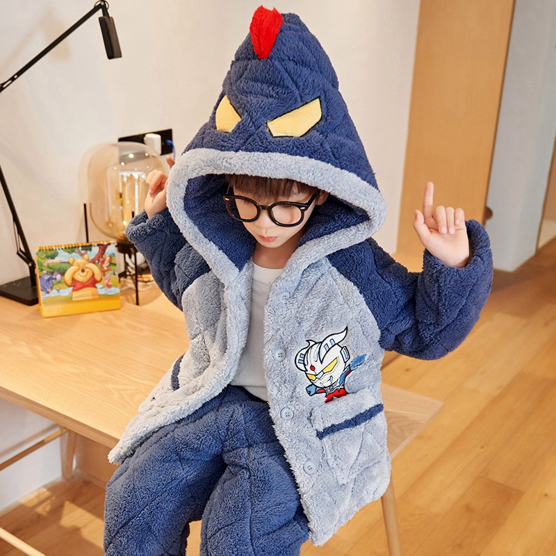 冬季儿童睡衣男童珊瑚绒三层夹棉加绒加厚款男孩宝宝法兰绒家居服