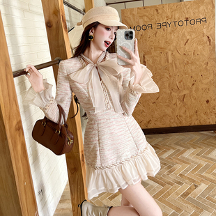 法式 A字连衣裙 轻奢气质小香风编织收腰显瘦短款