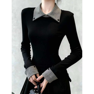 官图260克螺纹磨毛长袖 春秋薄女纯色假两件翻领上衣 t恤打底衫