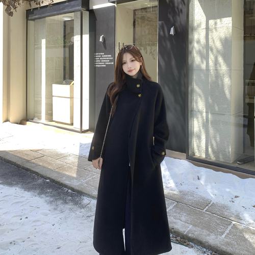 实拍2024年新款黑色毛呢大衣质冬季中长款翻领毛呢外套
