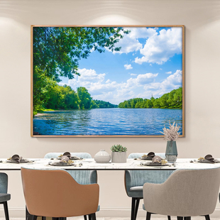 风景画湖泊青山绿水装饰画湖水树林森林挂画蓝天白云壁画山水画