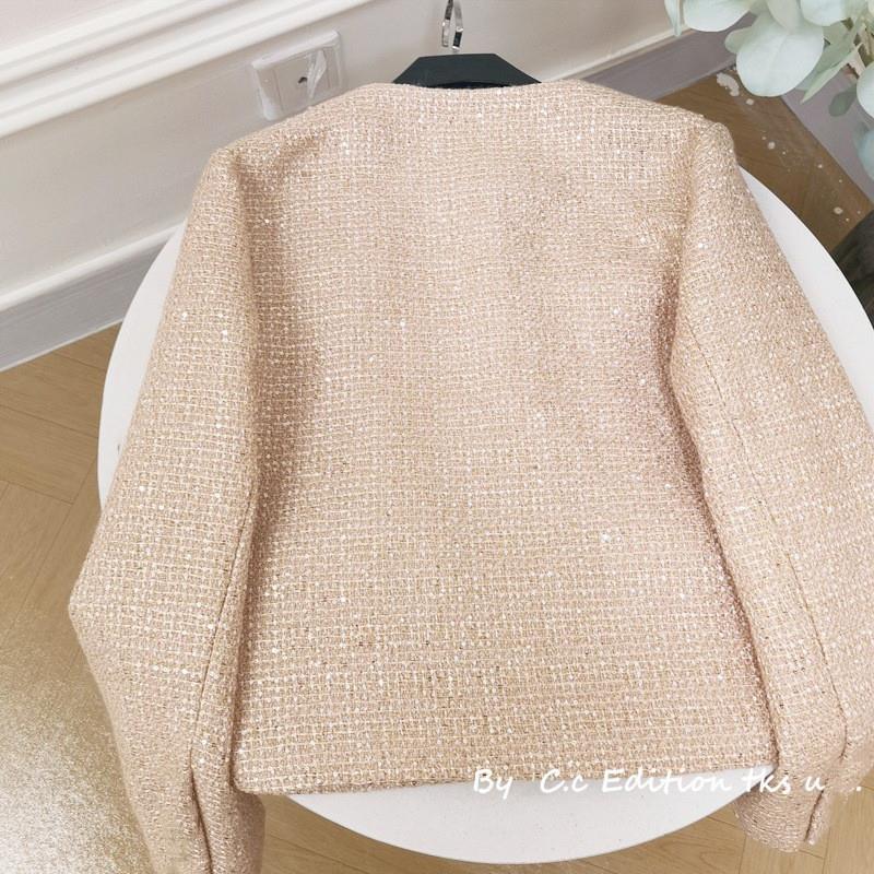 贵气亮片小香风短外套粗花呢短款外套 财阀千金粉色圆领上衣女