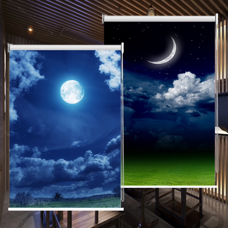 卷帘客厅卧室全遮光防嗮隔热手拉上下升降拉珠月亮图案窗帘免打孔