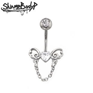 Shinma钛钢银色链条可爱蝴蝶结爱心锆石挂坠翅膀肚脐钉肚脐环甜美