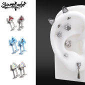 Shinma钛合金锆石耳钉镶钻金属朋克耳骨钉恶魔猫耳朵耳饰穿刺饰品