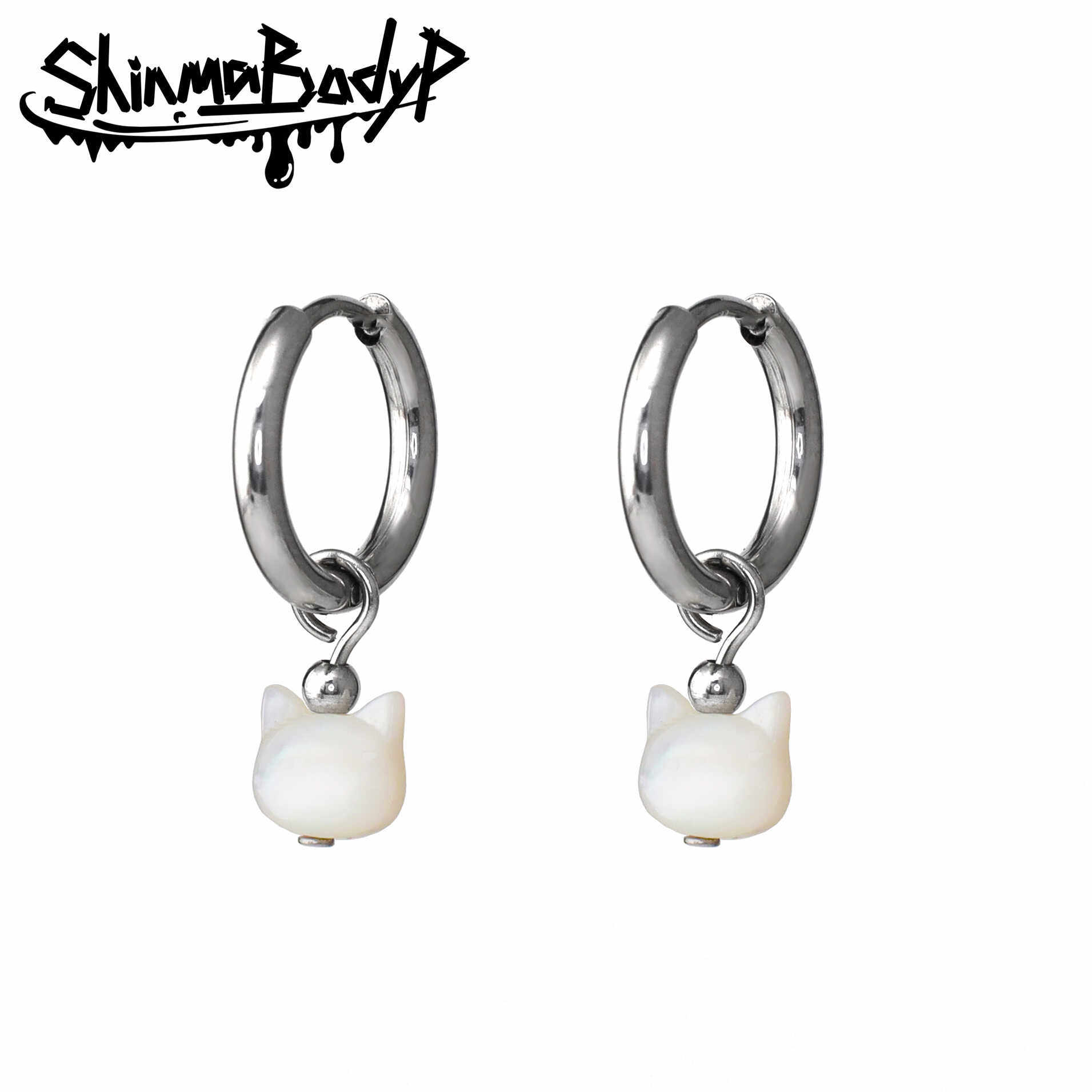 Shinma【贝壳猫】钛钢可爱小猫白色黑色猫咪甜美可爱穿刺耳环耳饰