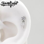 Shinma银色锆石十字架挂坠0.8细杆耳钉耳骨钉女神气质亮晶晶耳饰