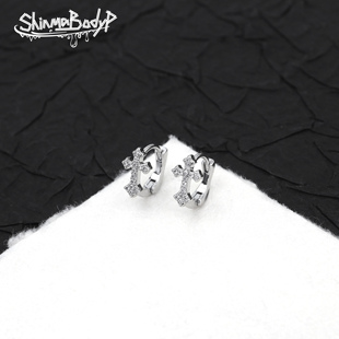 Shinma满钻克罗十字架耳环卡扣环耳骨环超闪哥特亚比朋克简约气质