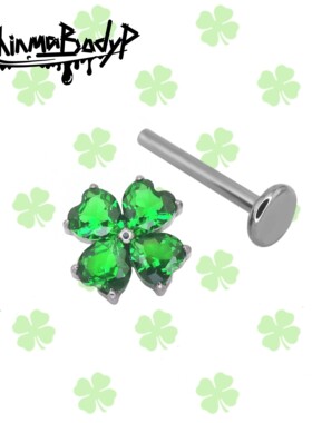Shinma 【四叶幸运草】F-136钛合金绿色锆石内牙耳钉耳骨钉耳饰