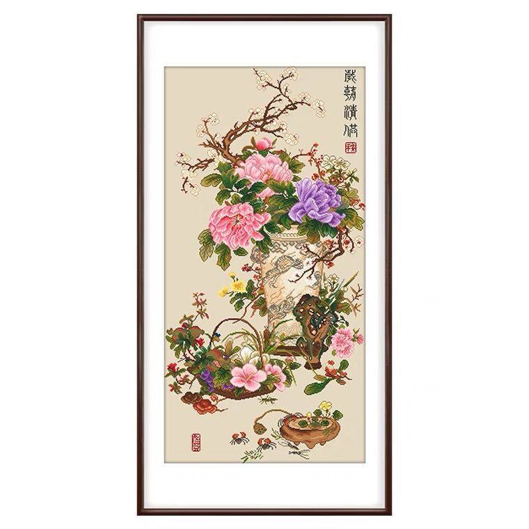 岁朝清供图十字绣2024新款线绣客厅经典牡丹国画竖版玄关手工古u.