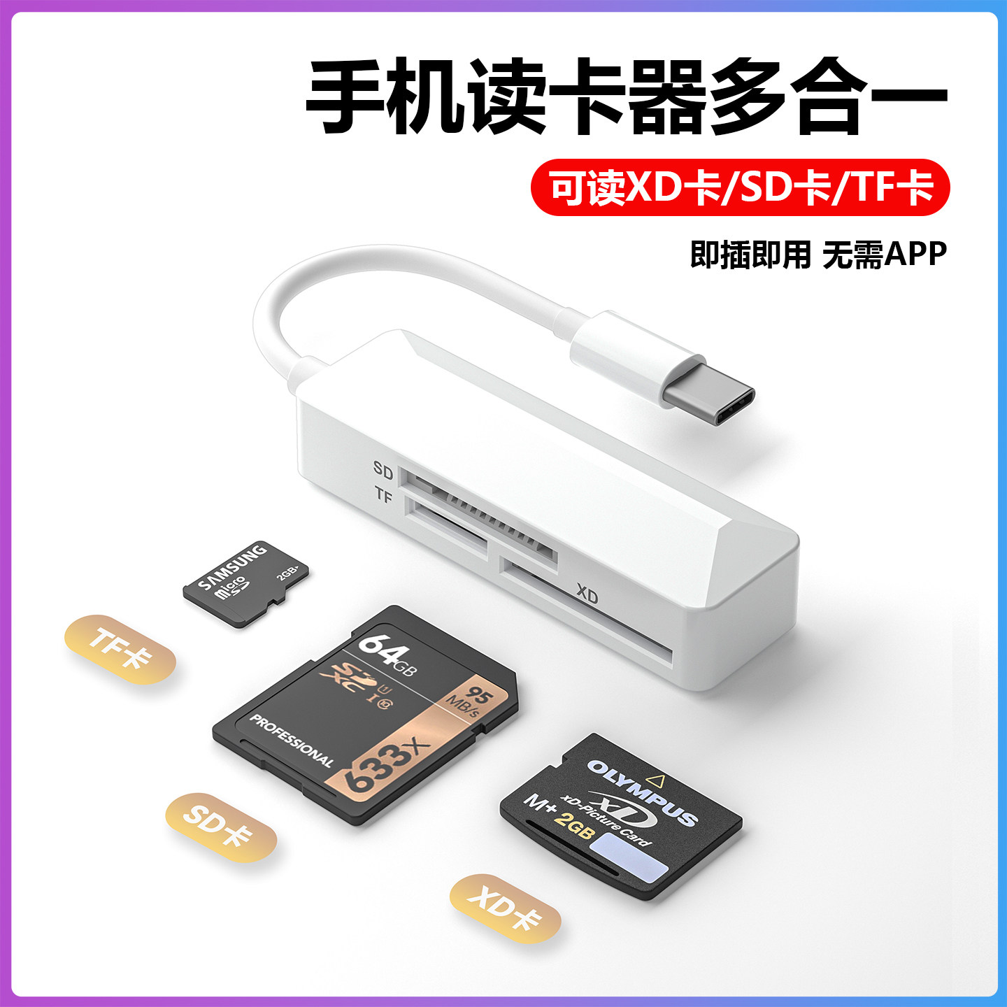 XD卡读卡器适用苹果华为OPPO小米vivo手机导照片奥林巴斯富士佳能CCD相机SD/TF卡iPhone17/16/15/14/13/12/11