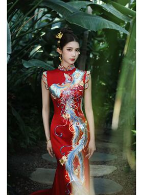 金宝正版五彩凤凰手绣旗袍中式婚礼结婚礼服出阁敬酒服定制新娘装