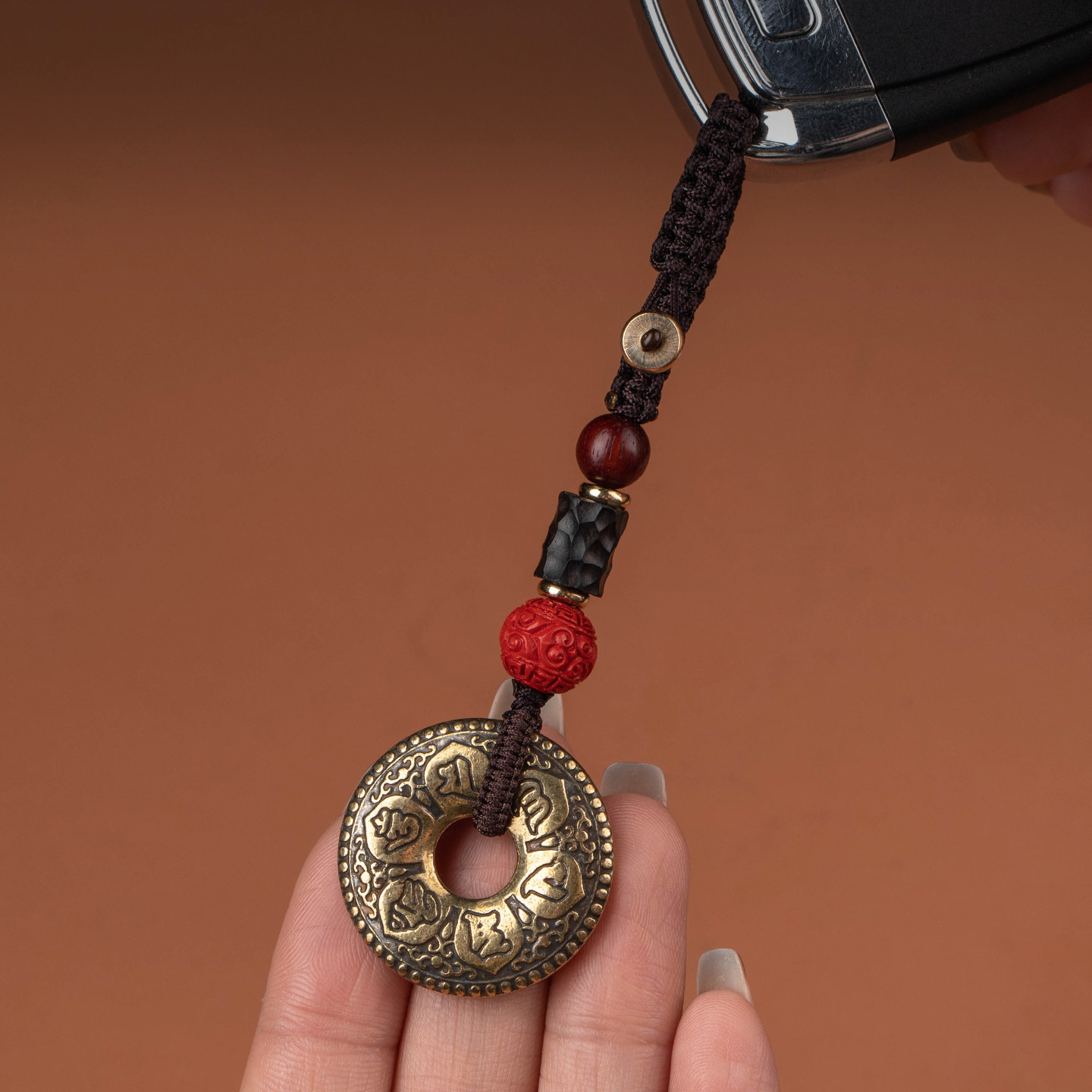 黄铜六字真言心经汽车钥匙扣环小挂件男女高档个性创意平安扣吊坠