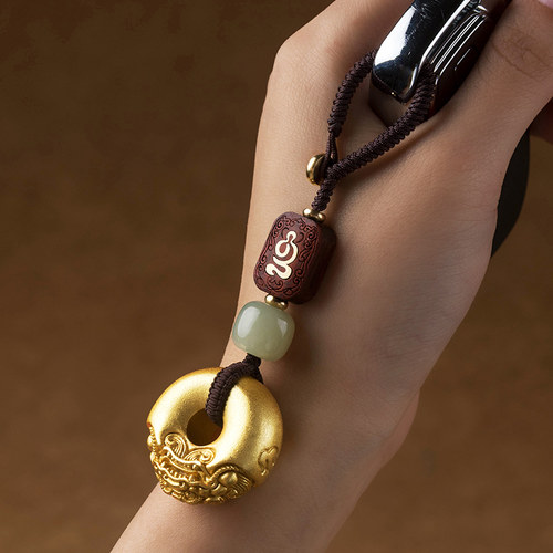 沙金黄铜貔貅平安扣钥匙扣汽车挂件高档实心男挂饰匙链绳