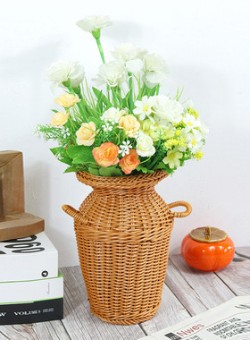 新款家居桌面复古装饰双耳瓶摆件仿藤编栽仿装扮手工编织花篮