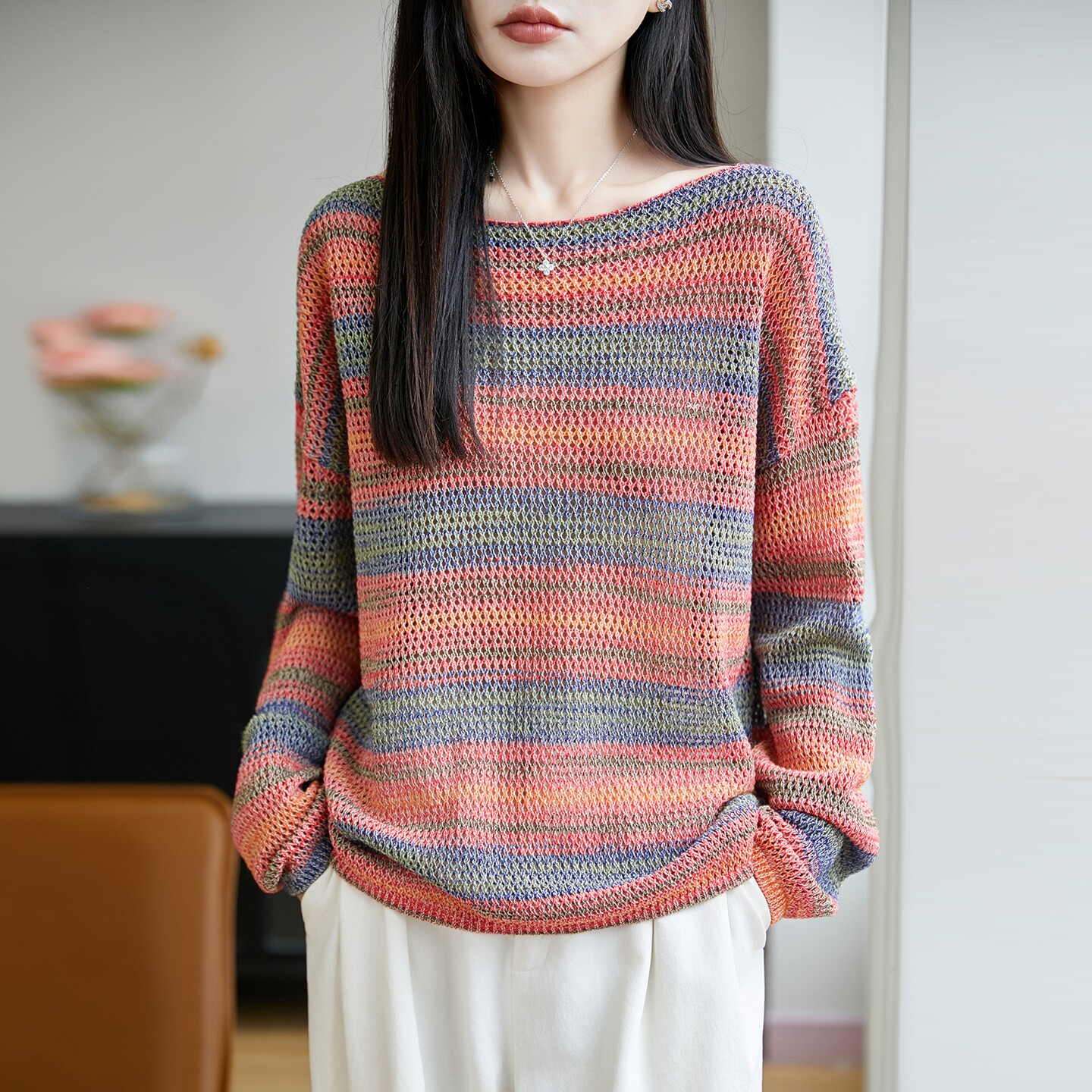 渐变彩色条纹针织衫女 套头衫 慵懒风宽松薄款上衣