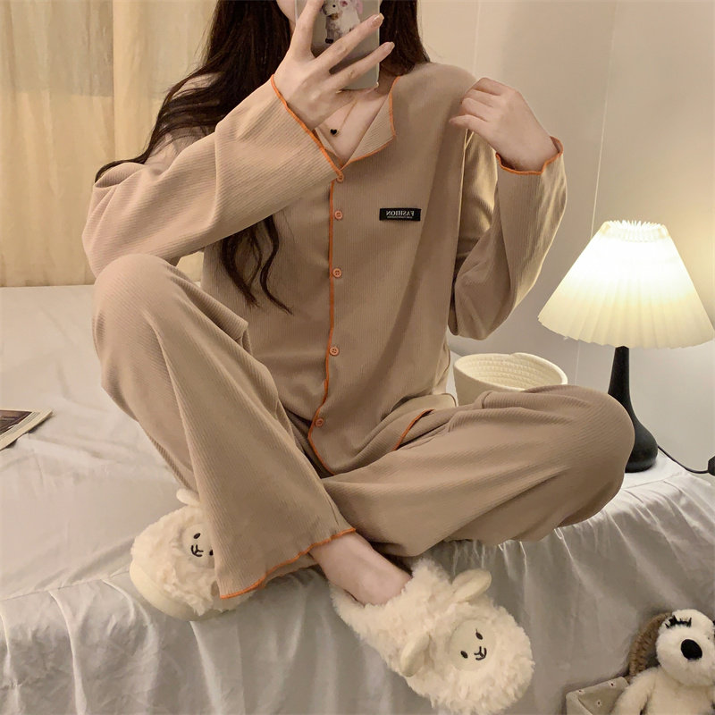 纯色高级感韩版ins风睡衣女士秋冬季德绒保暖开衫加厚家居服套装