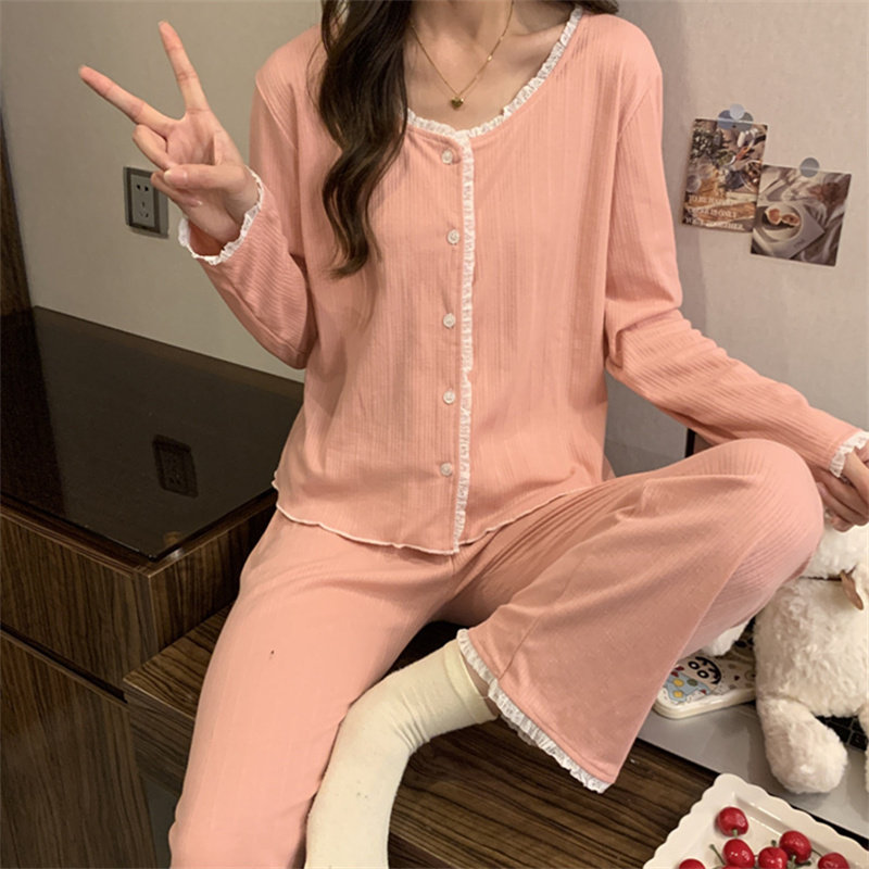 纯色秋冬天小个子睡衣睡裙长袖纯棉2024年新款豆沙花边家居服套装