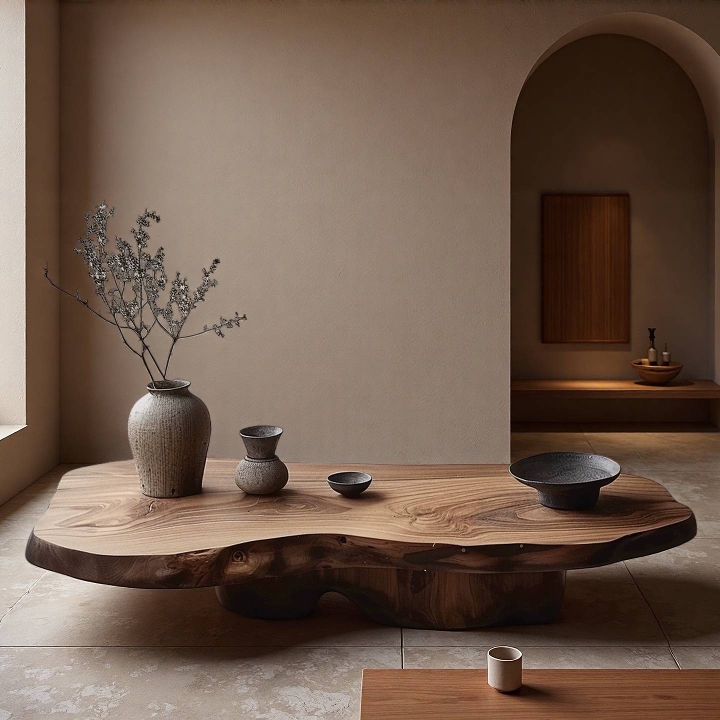 侘寂风实木茶几自然随型原木茶桌