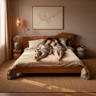 侘寂风原木床实木双人床主次卧室榻榻米民宿酒店风化木石头落地床