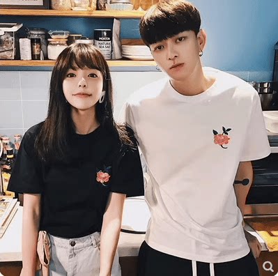 明星同款上衣男女短袖夏装2024新款玫瑰花刺绣宽松情侣装t恤潮流