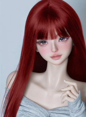 可贝贝bjd娃娃假发3分4分6分齐刘海酒红长直发高温丝假毛sd毛坯发