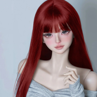 可贝贝bjd娃娃假发3分4分6分齐刘海酒红长直发高温丝假毛sd毛坯发