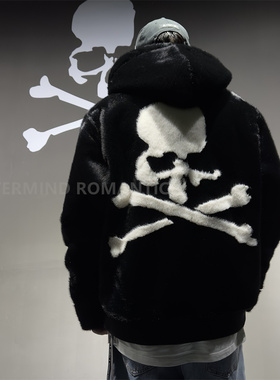 MasterMind貂绒骷髅暗黑高街日潮烫钻绳连帽皮草MMJ皮毛一体皮衣