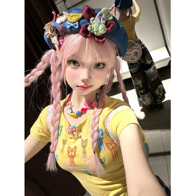 黄色多巴胺蝴蝶结正肩女t恤夏季2024新款设计感辣妹修身短款上衣