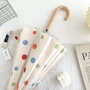 港式文艺波点长柄雨伞女16骨加固复古弯钩木柄伞防风防雨结实耐用