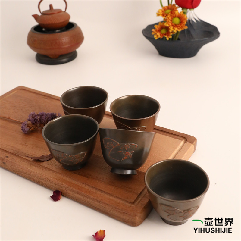 日本常滑烧茶杯宗弘火窑变松竹梅40ml纯手工日式紫砂陶杯子5个/套
