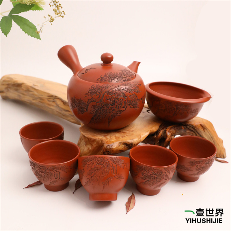 日本常滑烧 琴松 朱泥 松400ml 纯手工日式紫砂侧把陶7点茶壶套组
