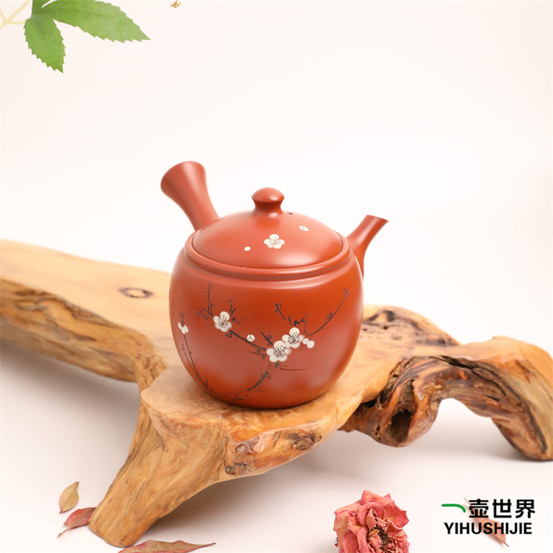 日本常滑烧 峰山 #108 朱泥 梅雕230ml 纯手工侧把日式紫砂陶茶壶