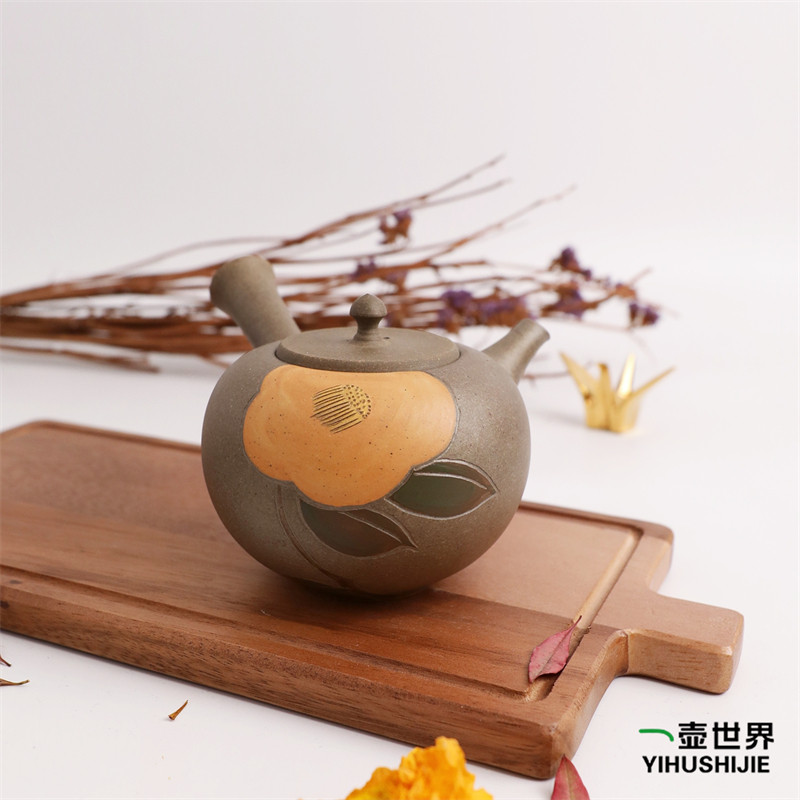 日本常滑烧急须 青峰 黄花雕310ml 纯手工侧把日式紫砂陶茶壶现货
