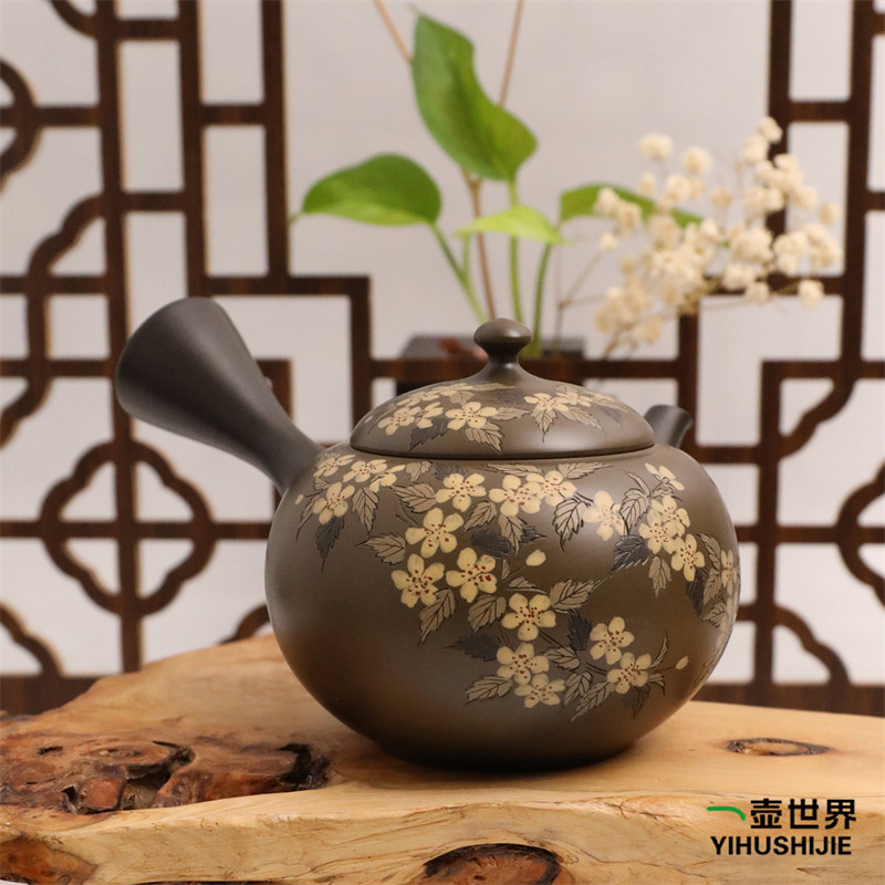 日本常滑烧 昭阳作幸山雕绿泥樱花260ml纯手工日式紫砂侧把陶茶壶