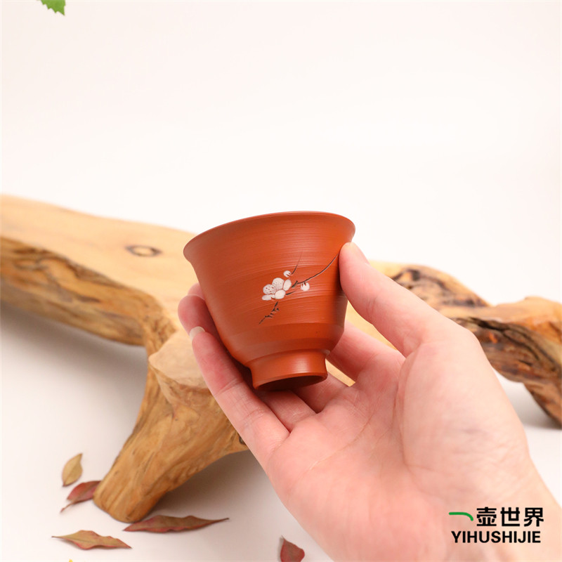 日本常滑烧 风月 朱泥 梅雕杯子 50ml 纯手工日式紫砂陶茶杯茶具