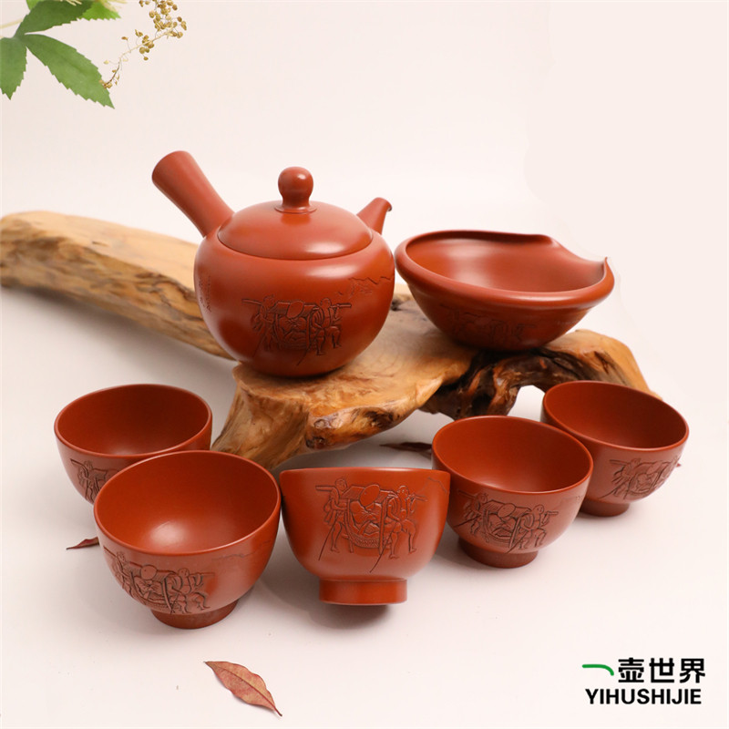 日本常滑烧初代舜园朱泥220ml纯手工日式紫砂侧把陶7点茶壶套组